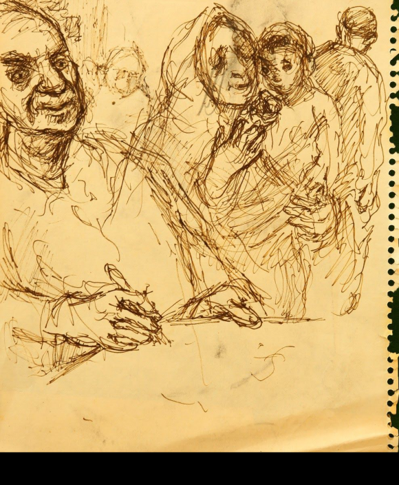 Sketchbook drawing in black ink on yellow paper. Foreground contains a man holding a writing instrument, with a woman wearing a headscarf and holding a child to his right. The background contains rough outlines of other figures.