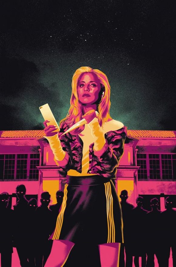 Stylized cover of a comic book, depicting Sarah Michelle Gellar as Buffy the Vampire Slayer, holding a stake in one hand and an iPhone in the other, with Sunnydale High School and silhouetted figures with red eyes behind her. The image is in shades of pink and orange.