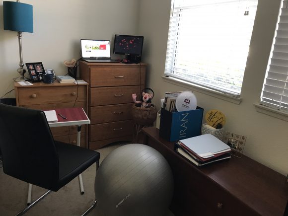 Image of an at-home workspace, with a chair, a desk, a dresser, and a yoga ball