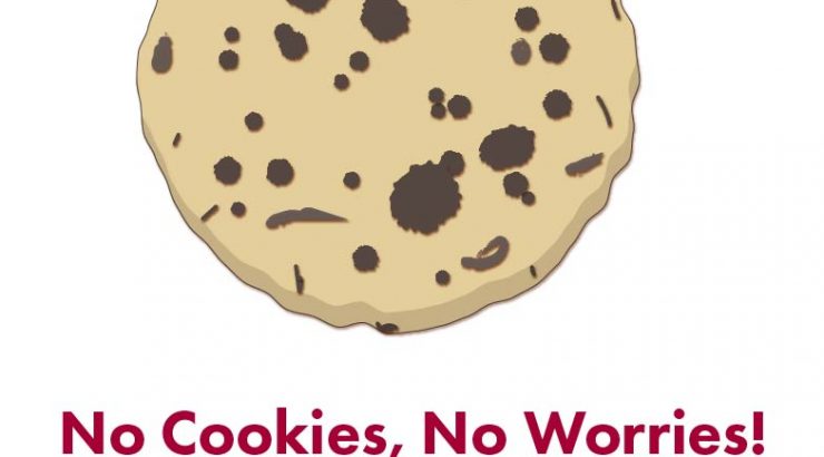 Logo of a chocolate chip cookie. Below the cookie, large red text reads, 