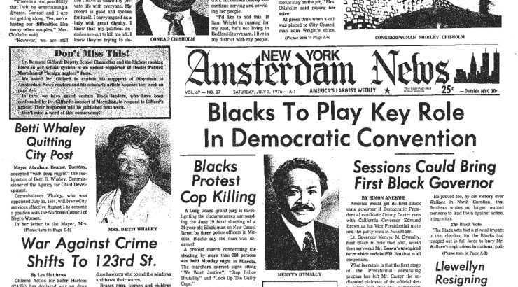 Black and white scan of a July 1976 edition of the New York Amsterdam News. The main headline reads, 