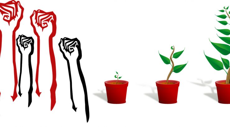 Two clip art images pasted together: on the left, a collection of raised fists in red and black ink; on the right, images of a plant growing in a pot.
