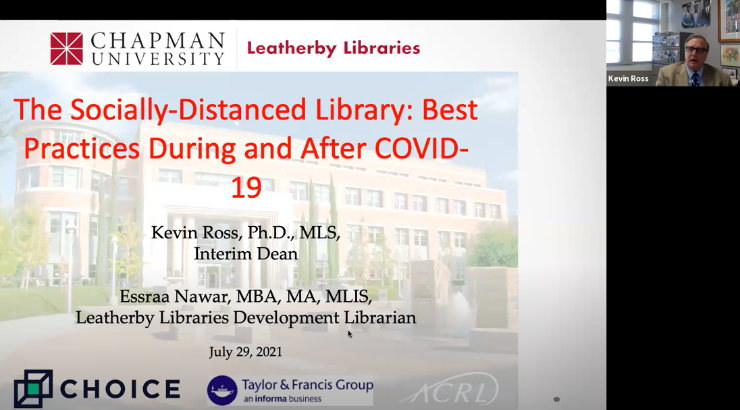 Screenshot of a webinar in progress. Taking up most of the screen is a slide with an image of the front of the Leatherby Libraries. Superimposed over the image is text that reads, 