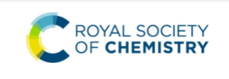 Logo for the Royal Society of Chemistry. The name of the society is in blue font on a white background. To the left of the name of the society is a large capital letter 