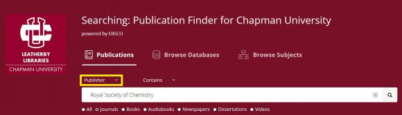 A search for "Royal Society of Chemistry" as a publisher in the Publication Finder