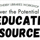 A workshop banner with a light, grid-patterned background featuring a purple circular accent with a lightbulb icon on the left and an orange blob accent with a notepad and pencil icon on the right. Centered text reads 'A LEATHERBY LIBRARIES WORKSHOP' in small, dark letters above the large, bold, black-textured title 'OPEN EDUCATIONAL RESOURCES'..