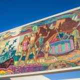 The museum features a restored 1950s mosaic by Millard Sheets, “The Pleasures Along the Beach,” originally created for the Home Savings building in Santa Monica, Calif.