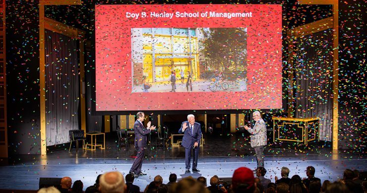 The new Doy B. Henley School of Management is announced at State of the University Feb. 9 at Musco Center for the Arts.