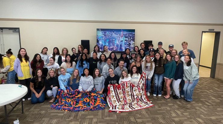 Students representing Chapman’s Panhellenic organization made over 80 blankets for Marines stationed overseas on Love Orange City-Wide Volunteer Day.