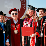 From left: Dean Dr. Roxanne Greitz Miller, Trustee Doy Henley, Kaitlyn Ambriz Holl ’25, and President Emeritus Dr. Jim Doti.