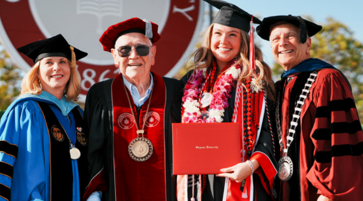 From left: Dean Dr. Roxanne Greitz Miller, Trustee Doy Henley, Kaitlyn Ambriz Holl ’25, and President Emeritus Dr. Jim Doti.