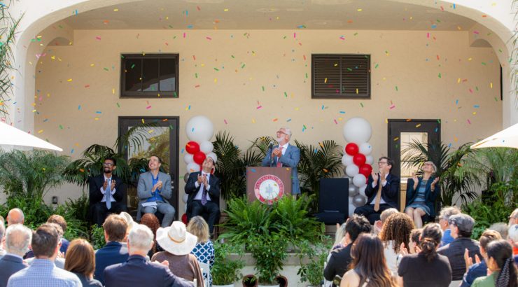 President Daniele C. Struppa addresses guests at the dedication of the Daniele C. Struppa Research Park