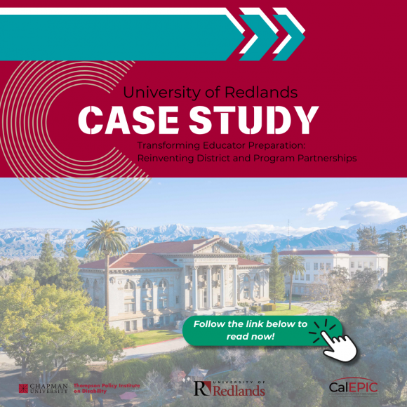 Case study cover for University of Redlands on educator preparation, featuring a campus building, logos, and a link to read more.