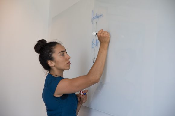 Natalie Peterson writing out equations on a white board