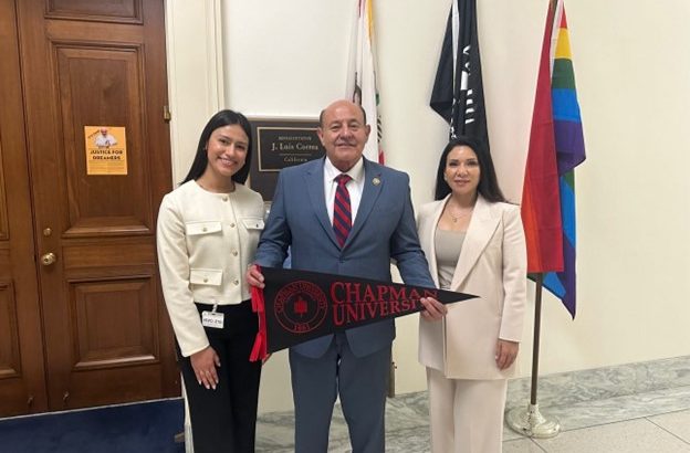Valeria Delgado, Congressman Lou Correa, and Chapman Assistant VP of Diversity, Equity, and Inclusion, Dr. Gabriela Casteneda.